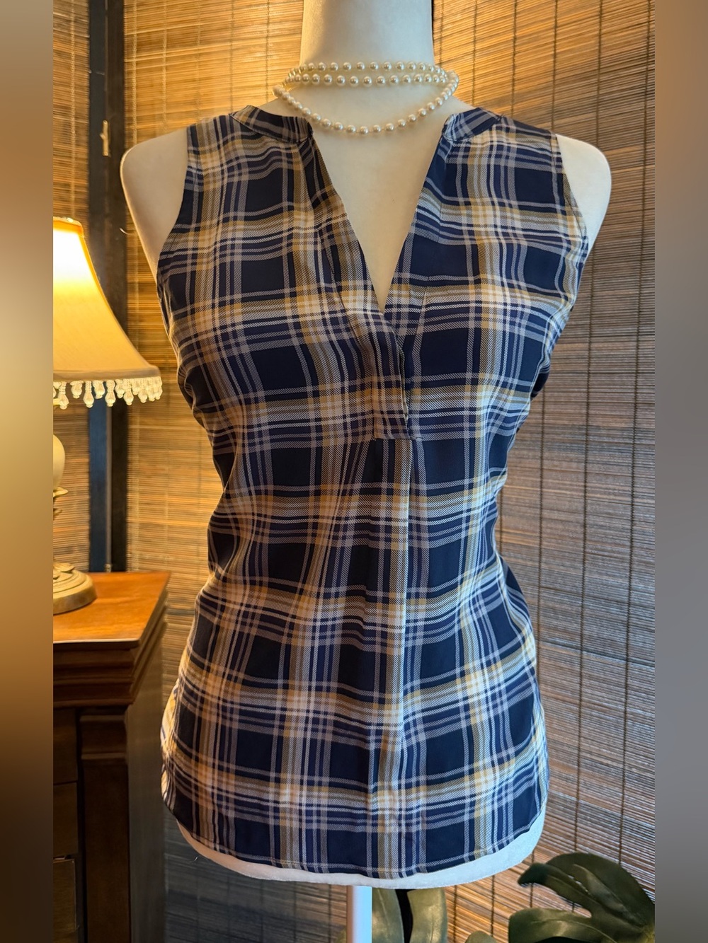 Joie 100% Silk Plaid Sleeveless Blouse Navy Mustard V Neck Top